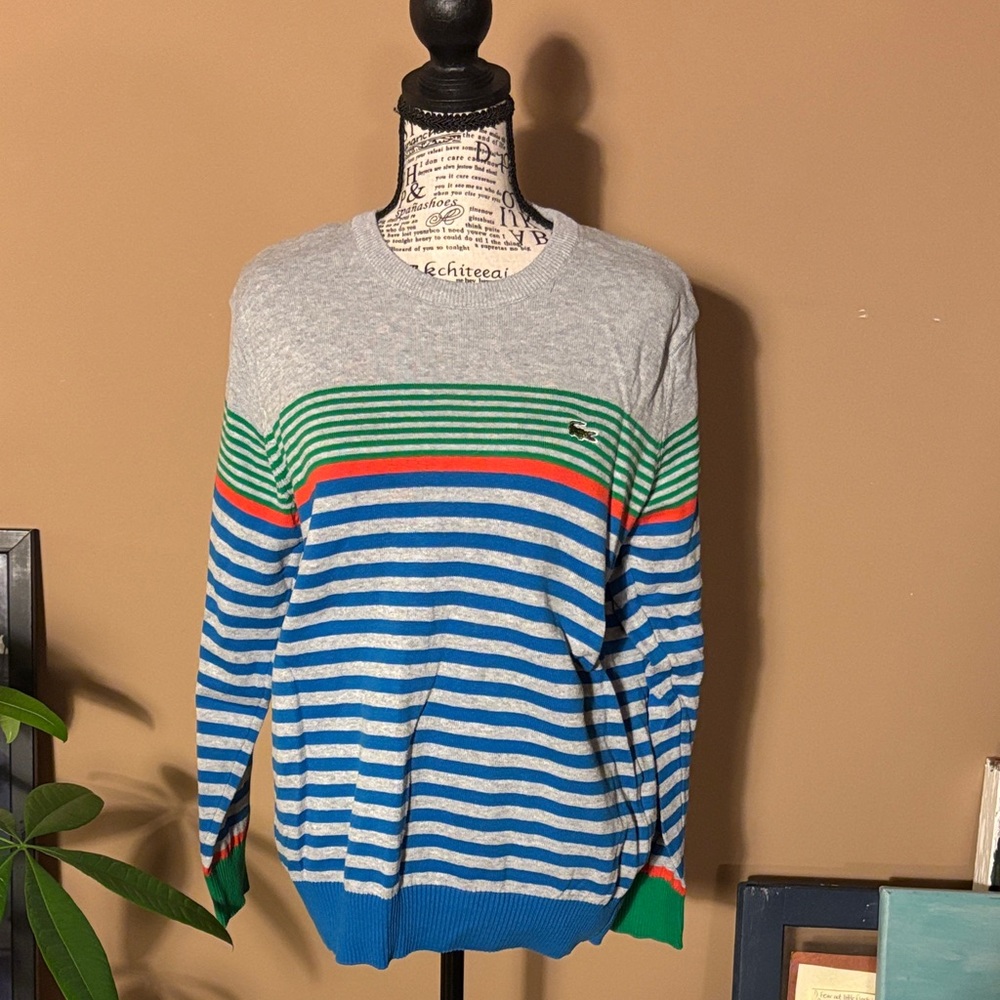 Lacoste Gray, Green, and Blue Striped Crewneck Sweater